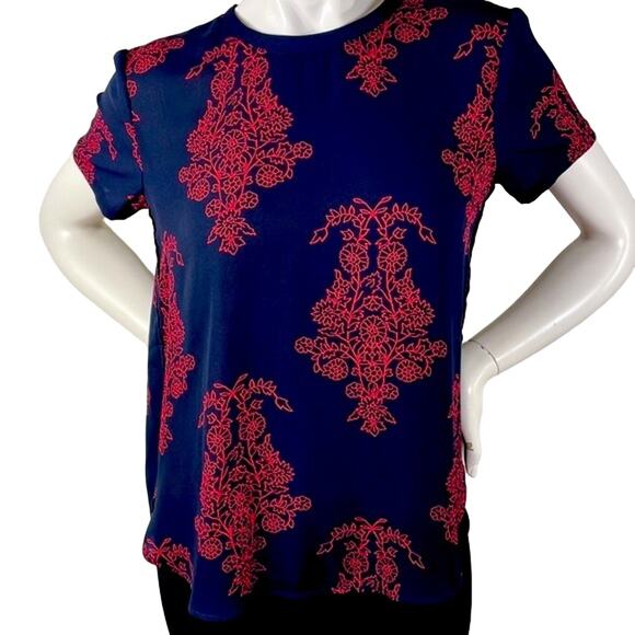 Loft Petites Black Red Floral Blouse Back Button Closure M/L see measurements - Picture 6 of 14